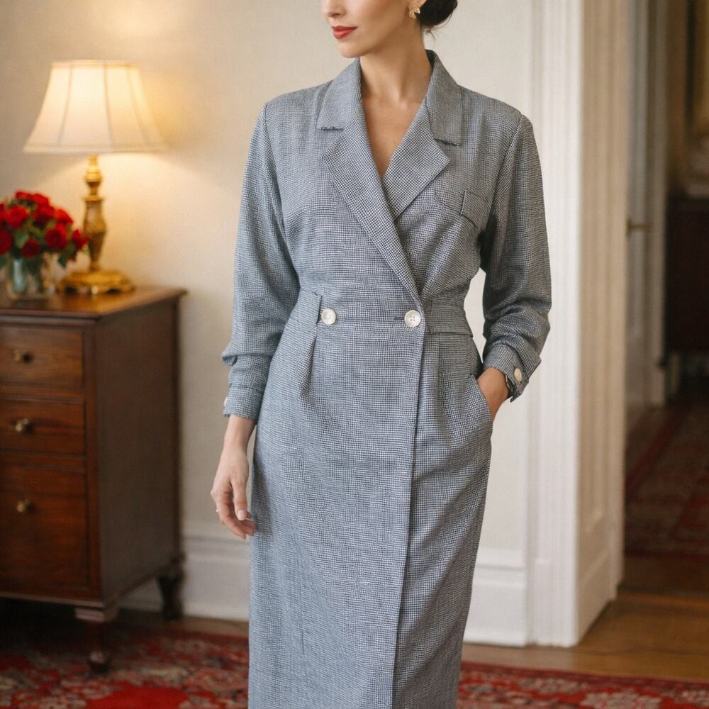 70s Vintage Stuart Alan Navy White Houndstooth Faux Wrap Dress - M